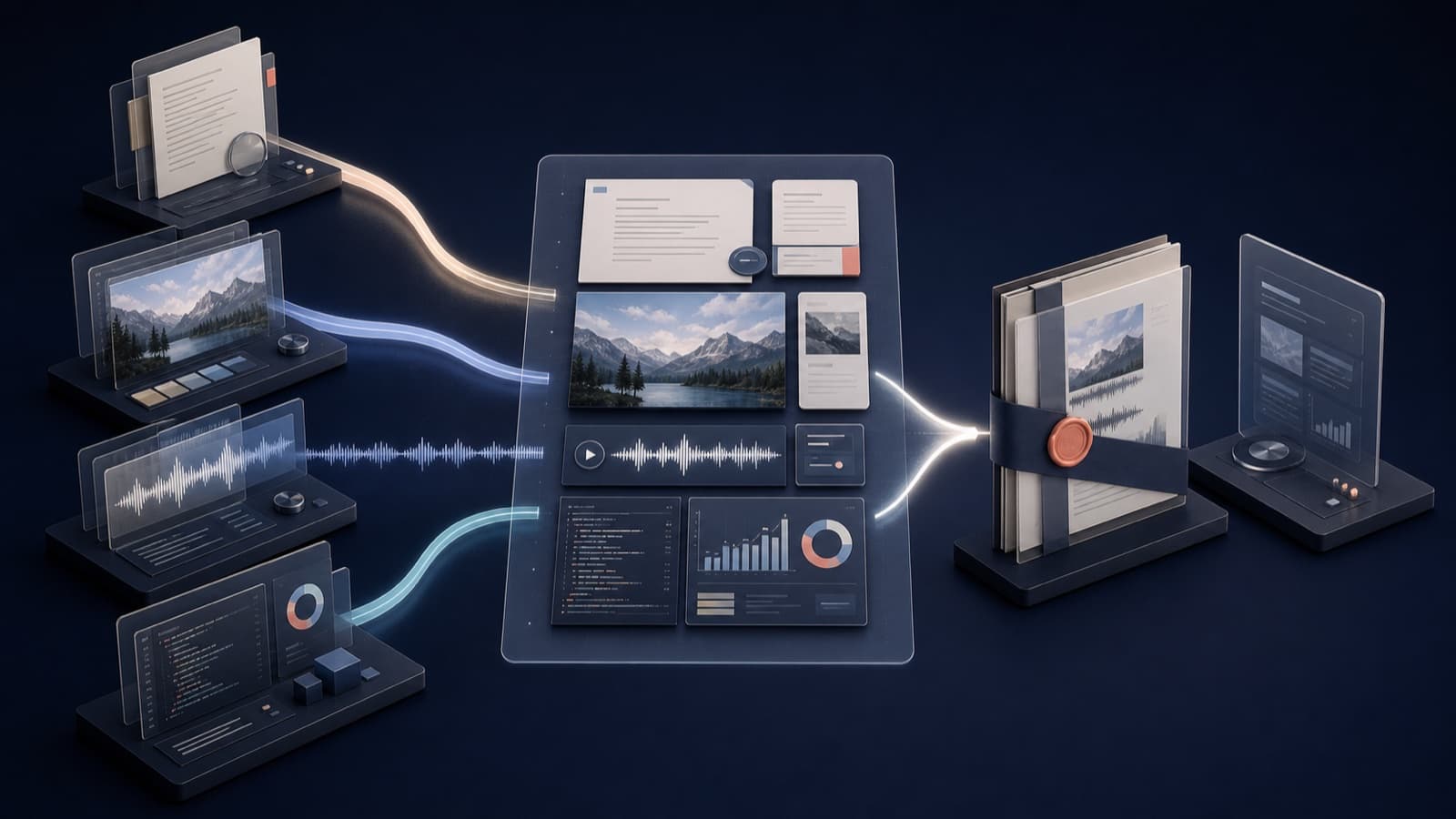 Text, image, audio and code capabilities collaborating in one shared workspace.