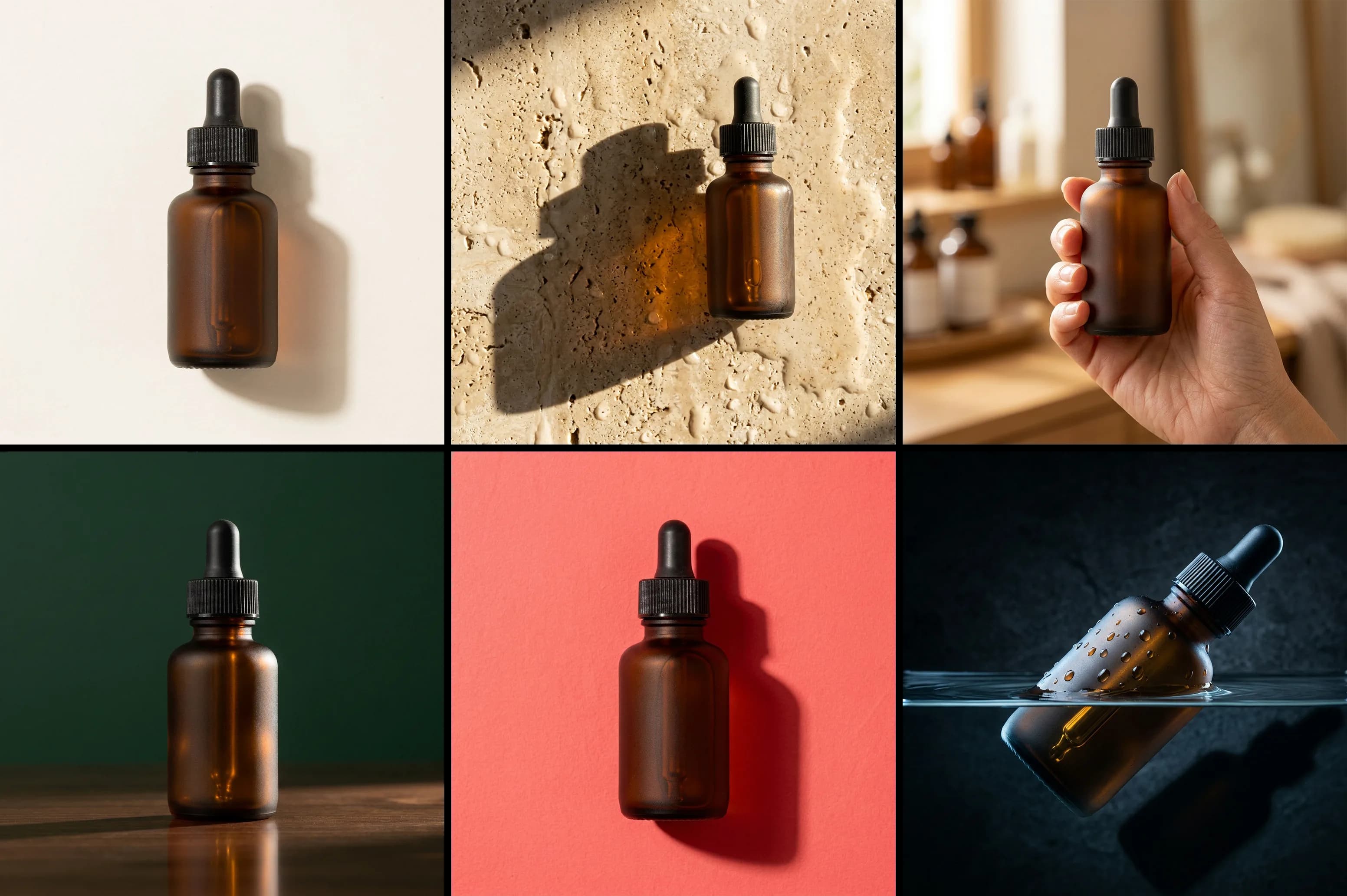 Six renders of the same amber dropper bottle — studio white, sunlit travertine, held in a hand, on walnut against green, on coral, and half-submerged in water