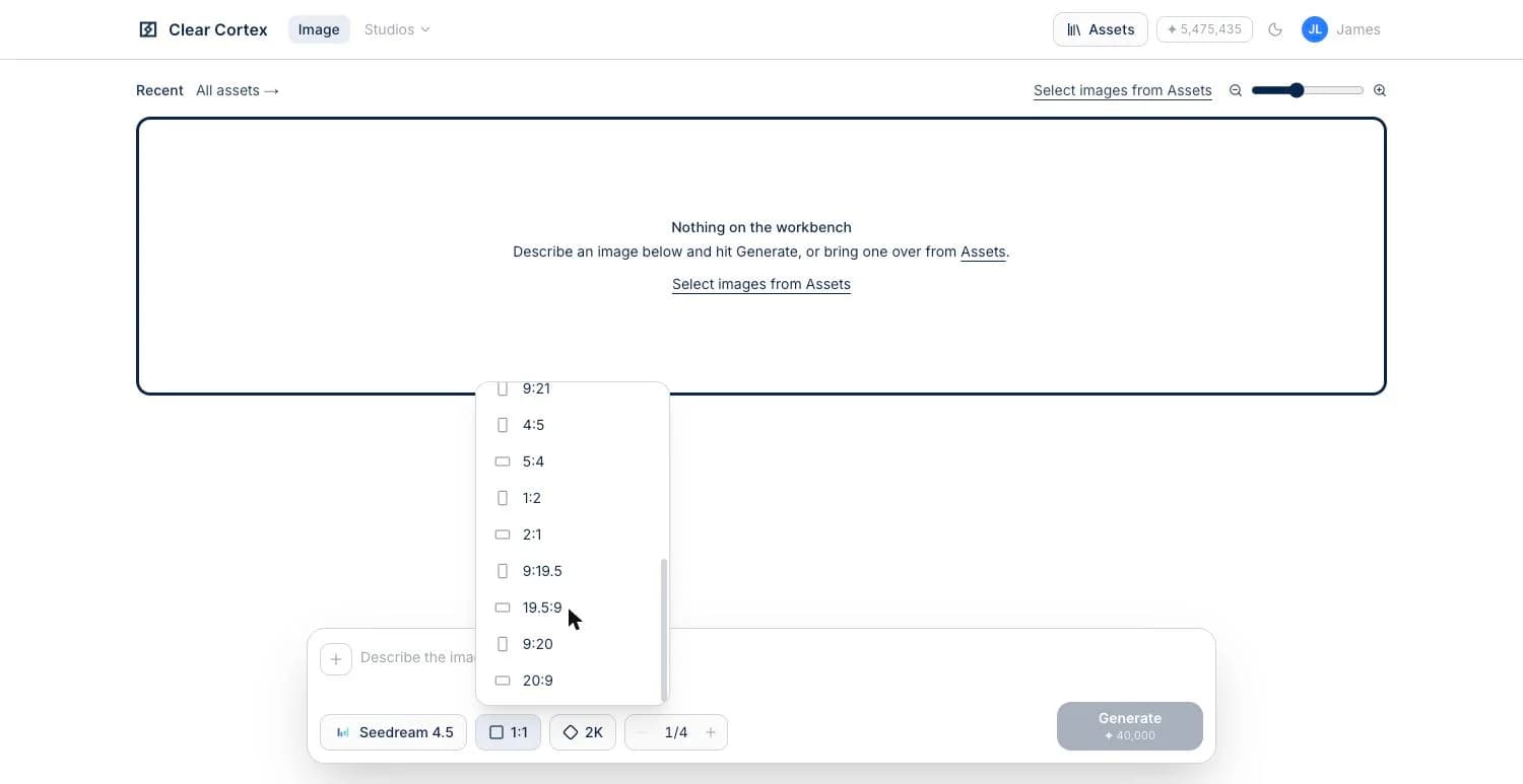 The Seedream 4.5 aspect ratio list scrolled to show 9:19.5, 19.5:9, 9:20 and 20:9